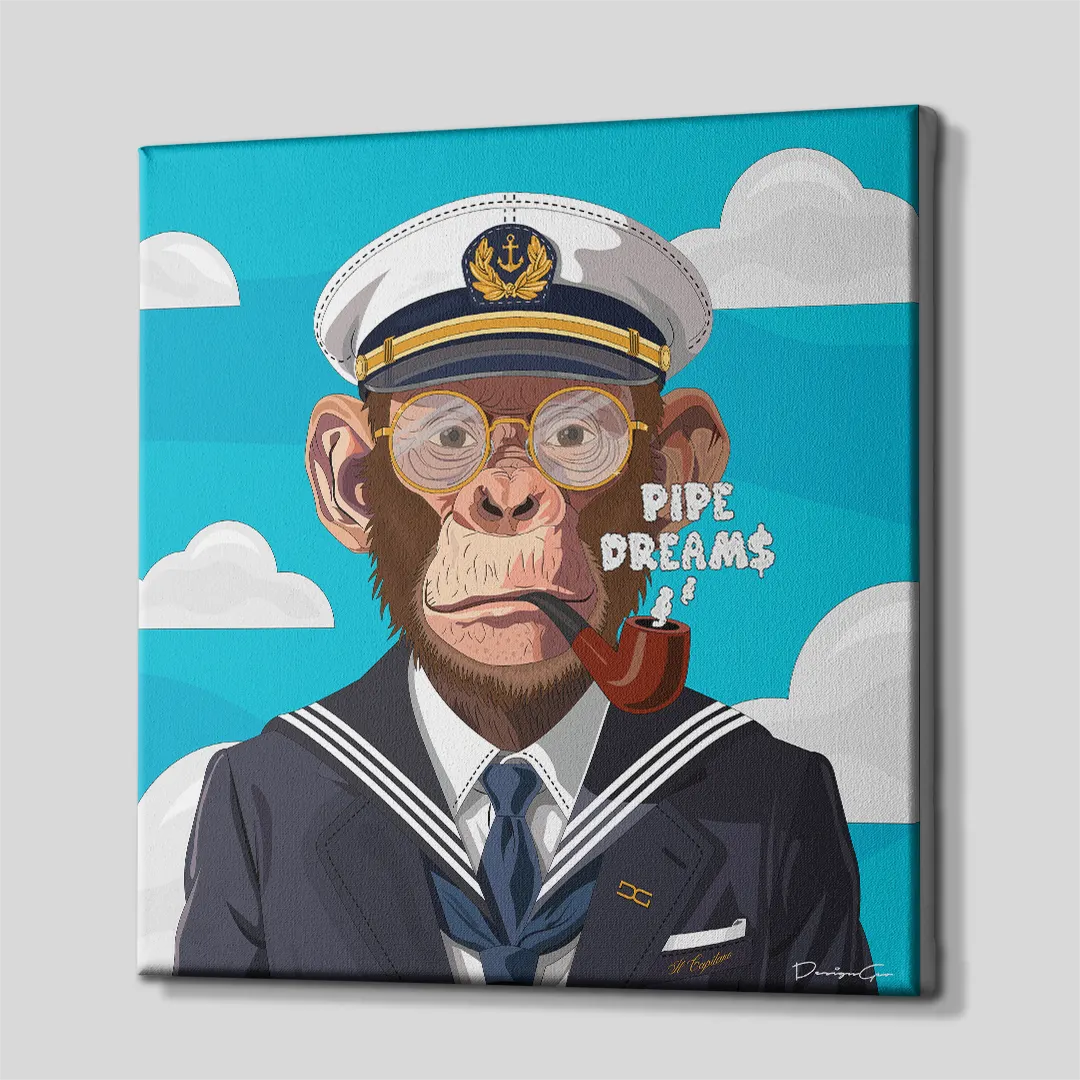 Three-quarter side profile of the square captain monkey canvas print, showing clean gallery-wrapped blue edges mounted on solid wooden stretcher bars