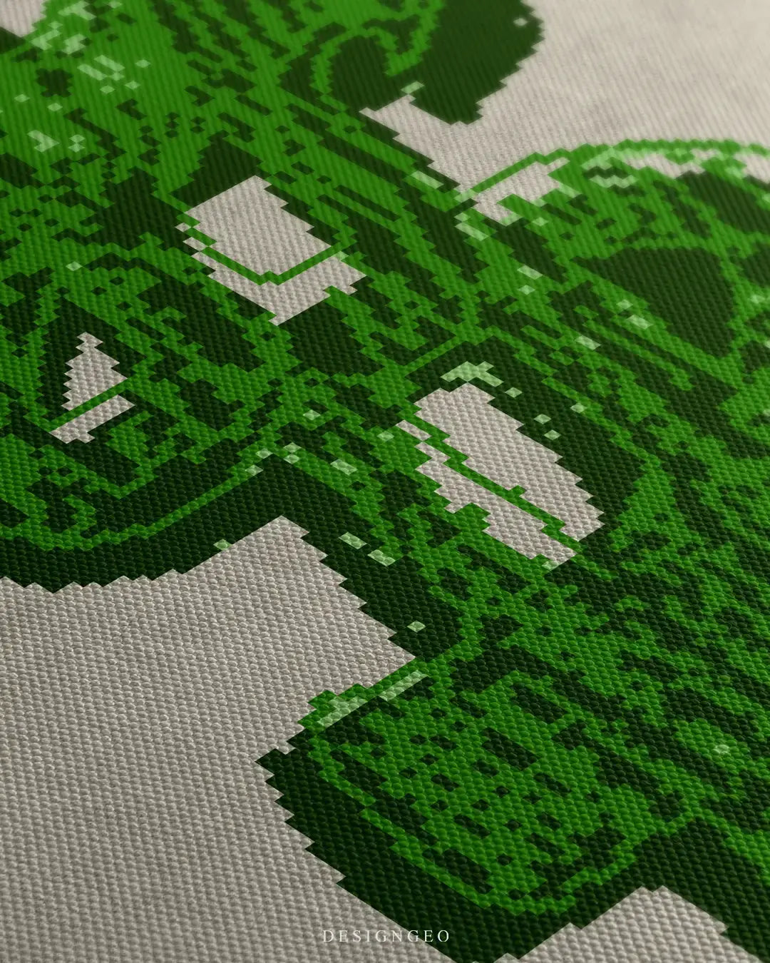 Close-up of modern minimalist wall art featuring a vibrant green pixelated dollar sign on a textured beige and cream canvas background