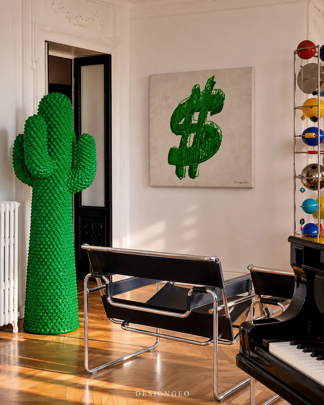 Green pixelated glitch dollar sign square canvas wall art displayed on a white wall in an eclectic living room behind a black Wassily chair 0.75 inch thin wrap
