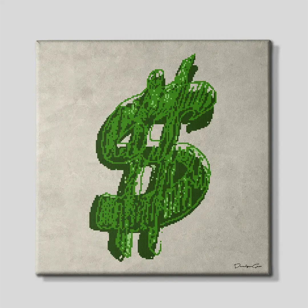 Front view of the green pixelated money square canvas wall art, a premium decorative piece for modern tech offices, crypto trading rooms, or creative studios