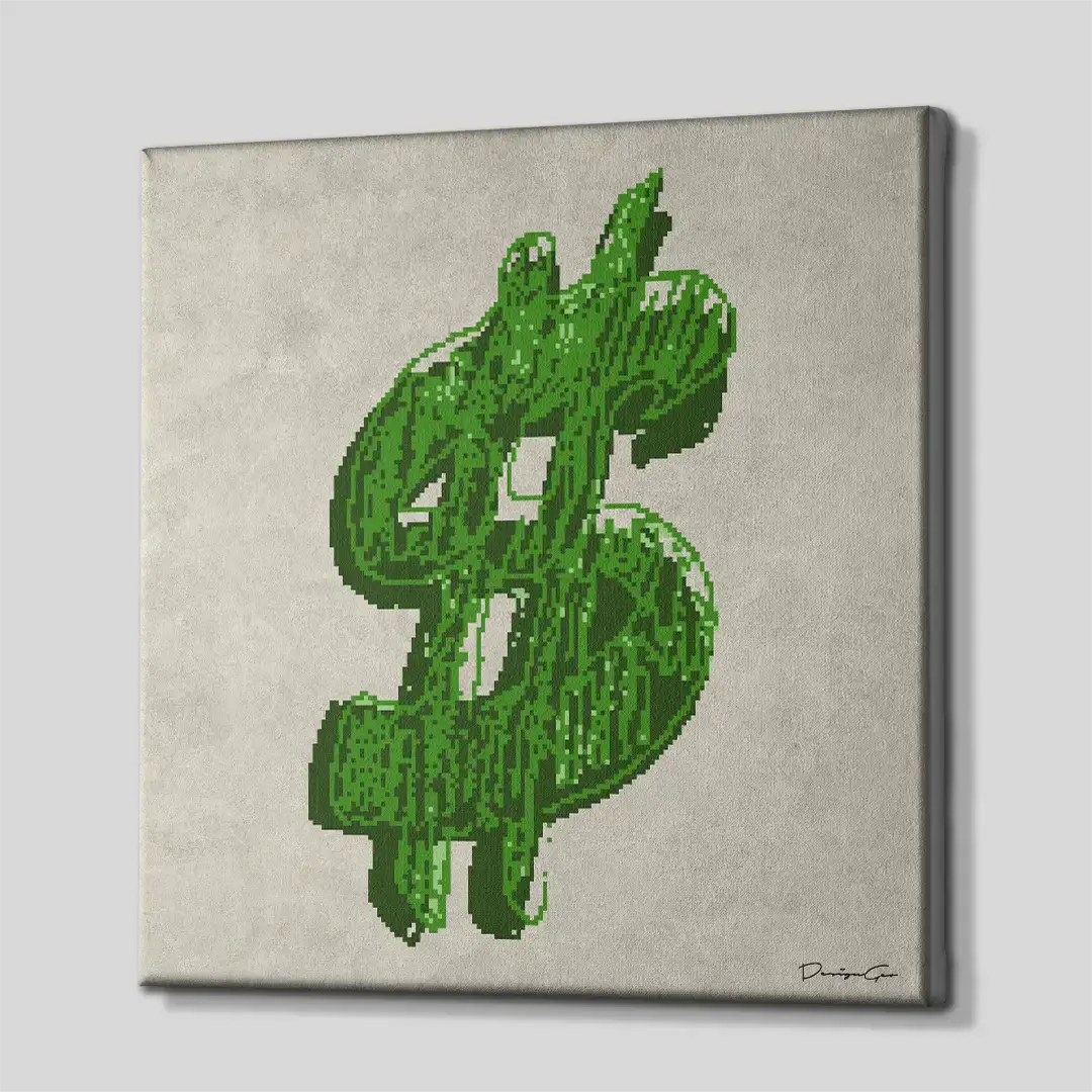 Side angle of the green pixel dollar motivation canvas print, highlighting the high-quality gallery wrap finish and the professional 3D frame depth