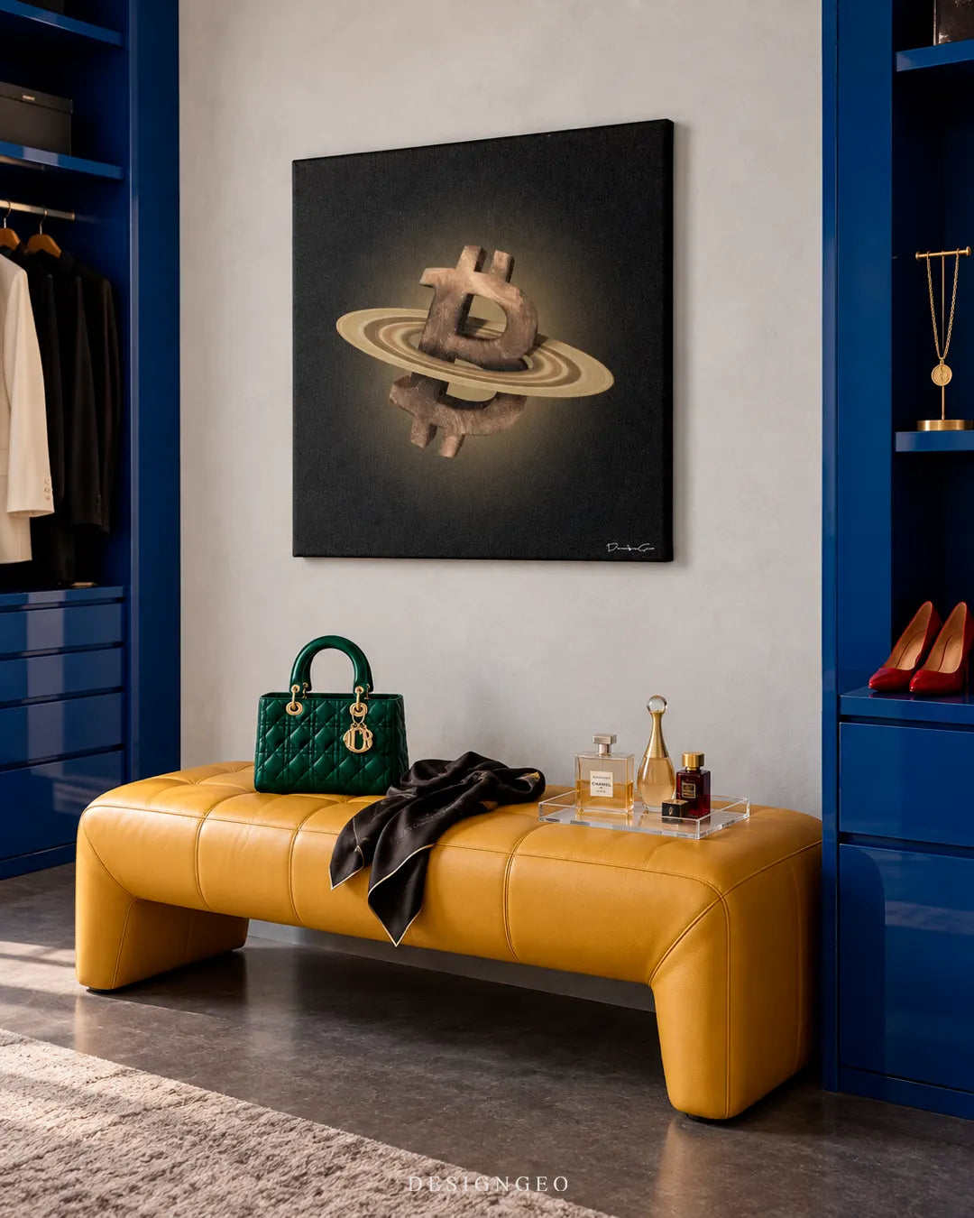 Modern luxury walk-in closet featuring a square crypto canvas print of a golden stone Bitcoin symbol shaped like Saturn with planetary rings mounted above a yellow leather bench