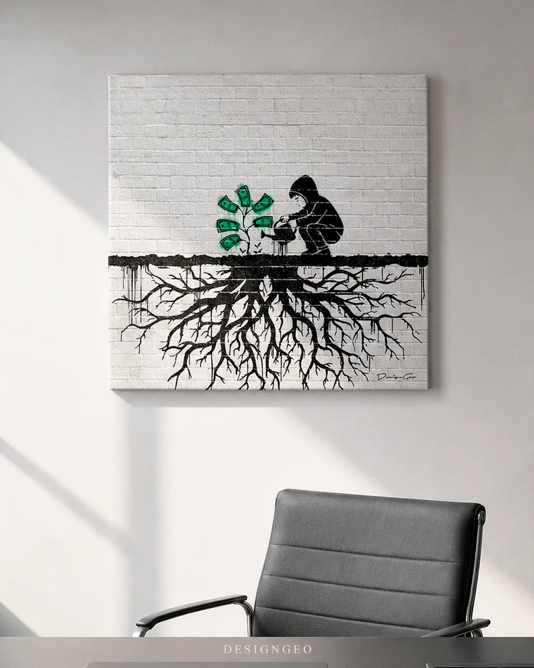 Square stencil-style money tree canvas wall art mounted on a bright wall above a modern black leather office chair and executive desk