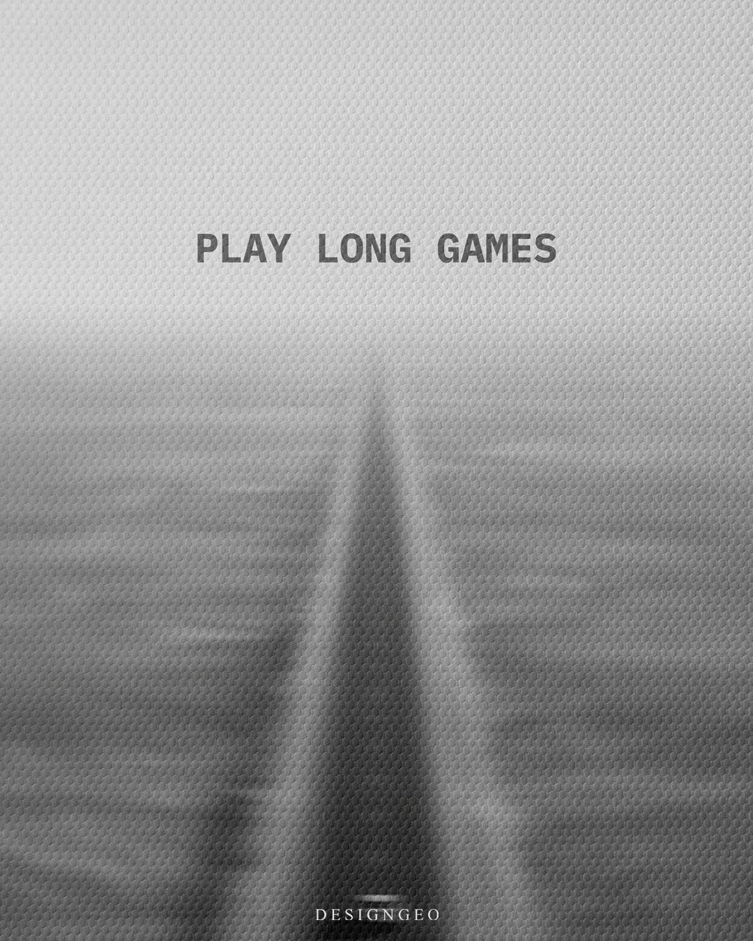 Close up texture view of Play Long Games typography quote above blurred straight highway road square canvas wall art 0.75 inch thin wrap