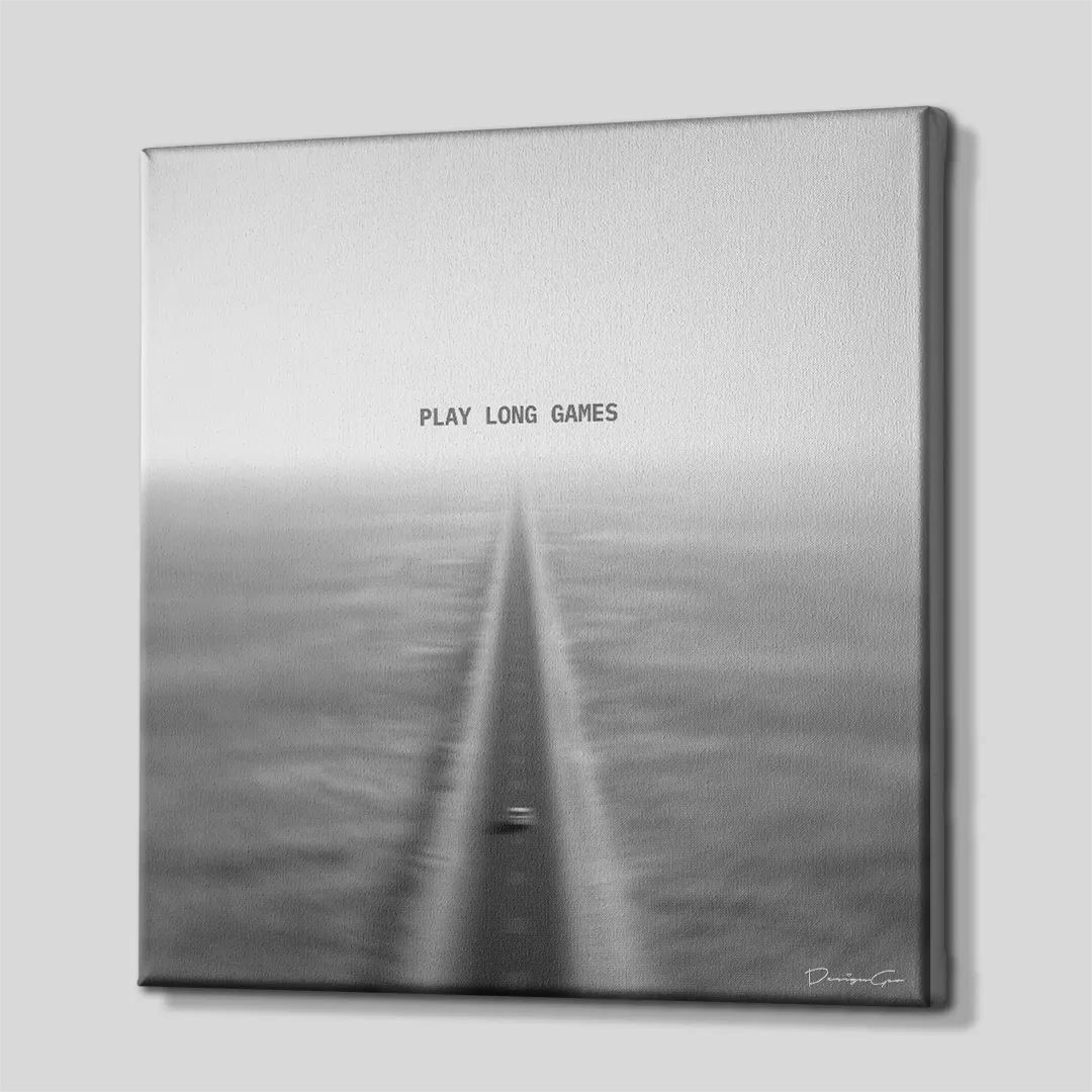 Side perspective view of black and white square canvas art showing endless straight road design with white gallery wrapped edge 0.75 inch thin wrap