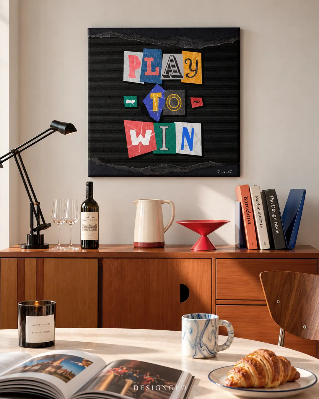 Play To Win colorful ransom note cutout letters square canvas wall art displayed on a beige wall above a mid-century wooden credenza 0.75 inch thin wrap