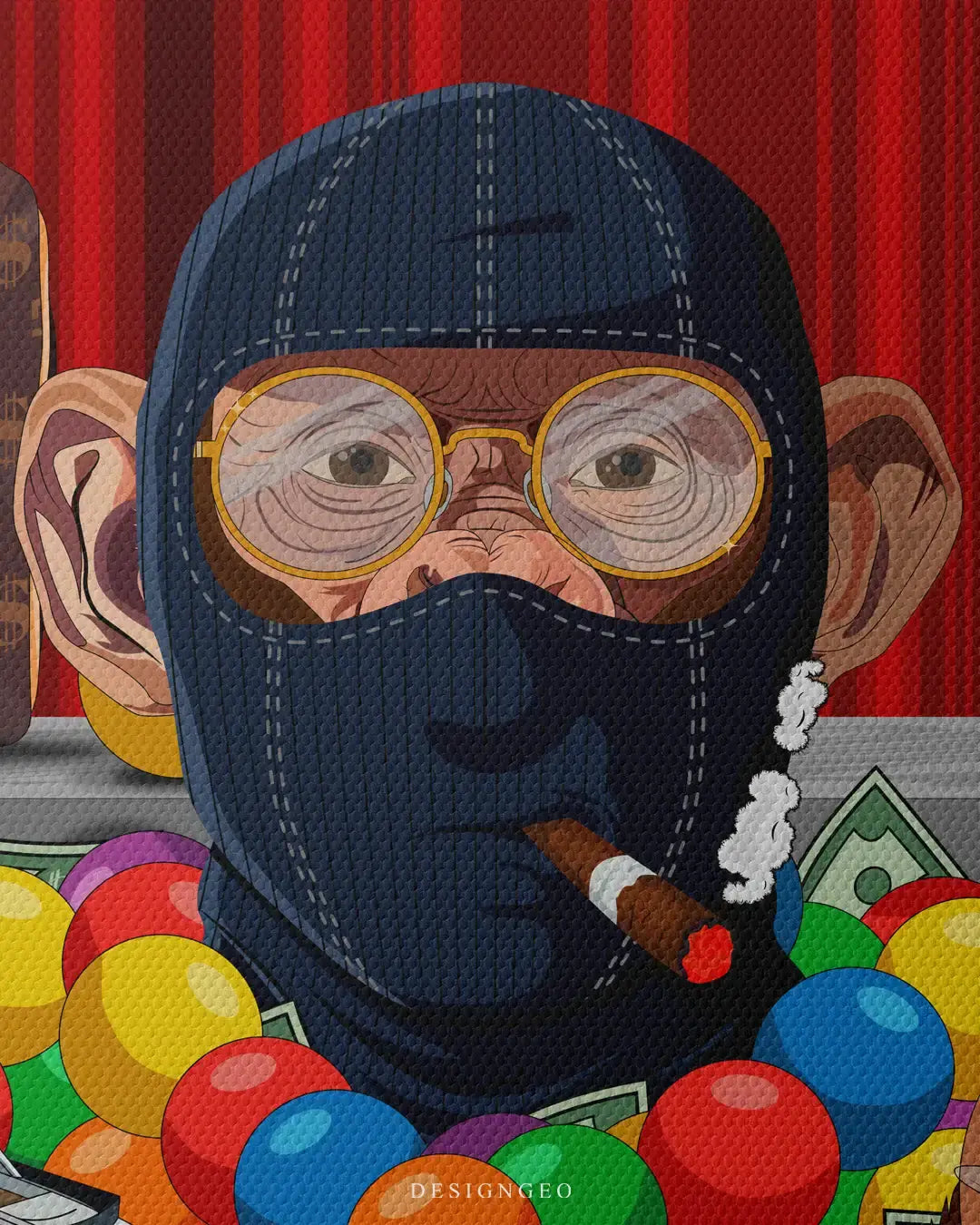 Close-up frontal view of a primate character in a black mask and glasses, immersed in a multi-colored ball pit, printed on gallery-wrapped canvas