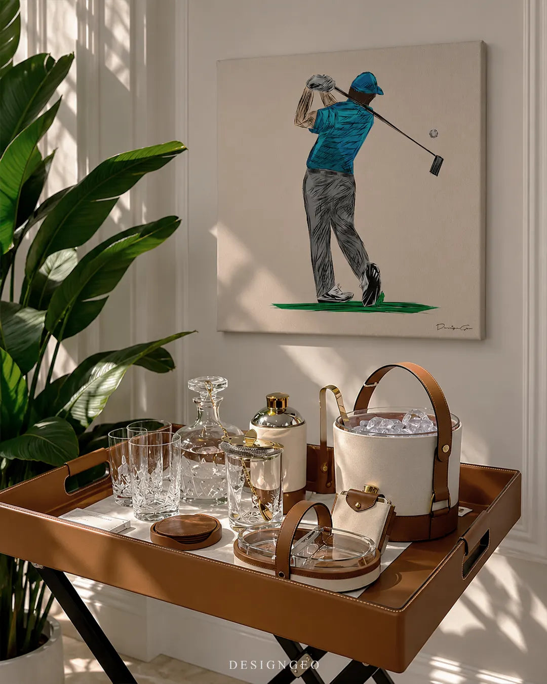 Poise On The Green golfer swing sketch illustration square canvas wall art mounted on wall in luxury lounge above leather bar cart 0.75 inch thin wrap