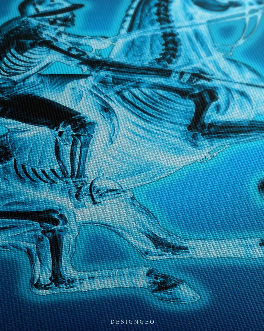 Close-up of minimalist sports wall art featuring a polo player and horse in an elegant translucent X-ray design on a deep dark background