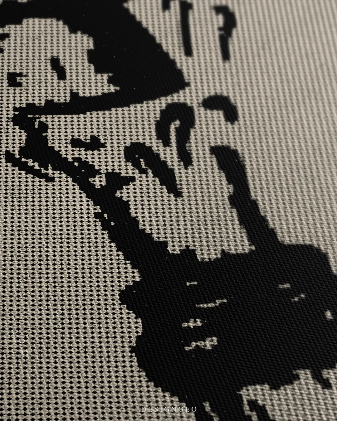 Angled close-up shot of the woven canvas surface, detailing the textured black ink of the popping bottle silhouette over the beige Ben-Day halftone dot pattern