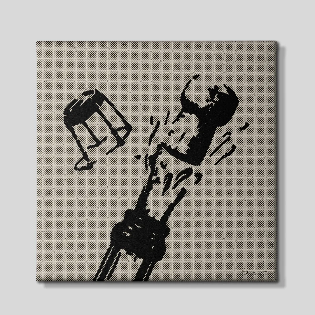 Front view of a square pop art canvas print featuring a black stencil illustration of a champagne bottle popping its cork and wire hood mid-air against a beige halftone dot pattern background