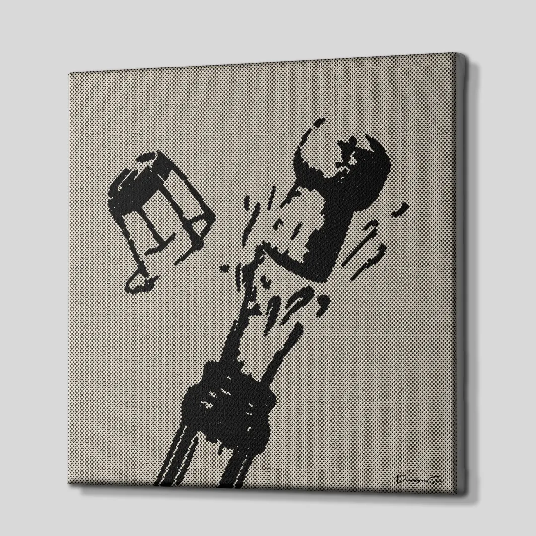 Three-quarter side profile of the square flying champagne cork canvas print, showing seamless gallery-wrapped halftone edges mounted on solid wooden stretcher bars