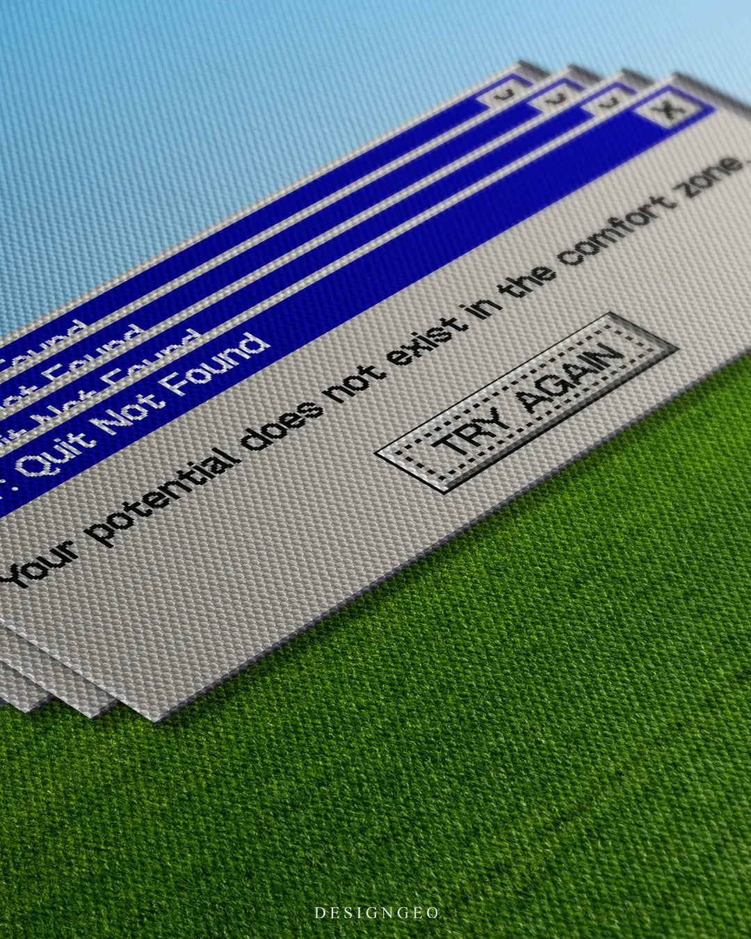 Angled close-up highlighting stacked retro blue error windows, pixelated typography, and high-definition woven canvas fabric texture