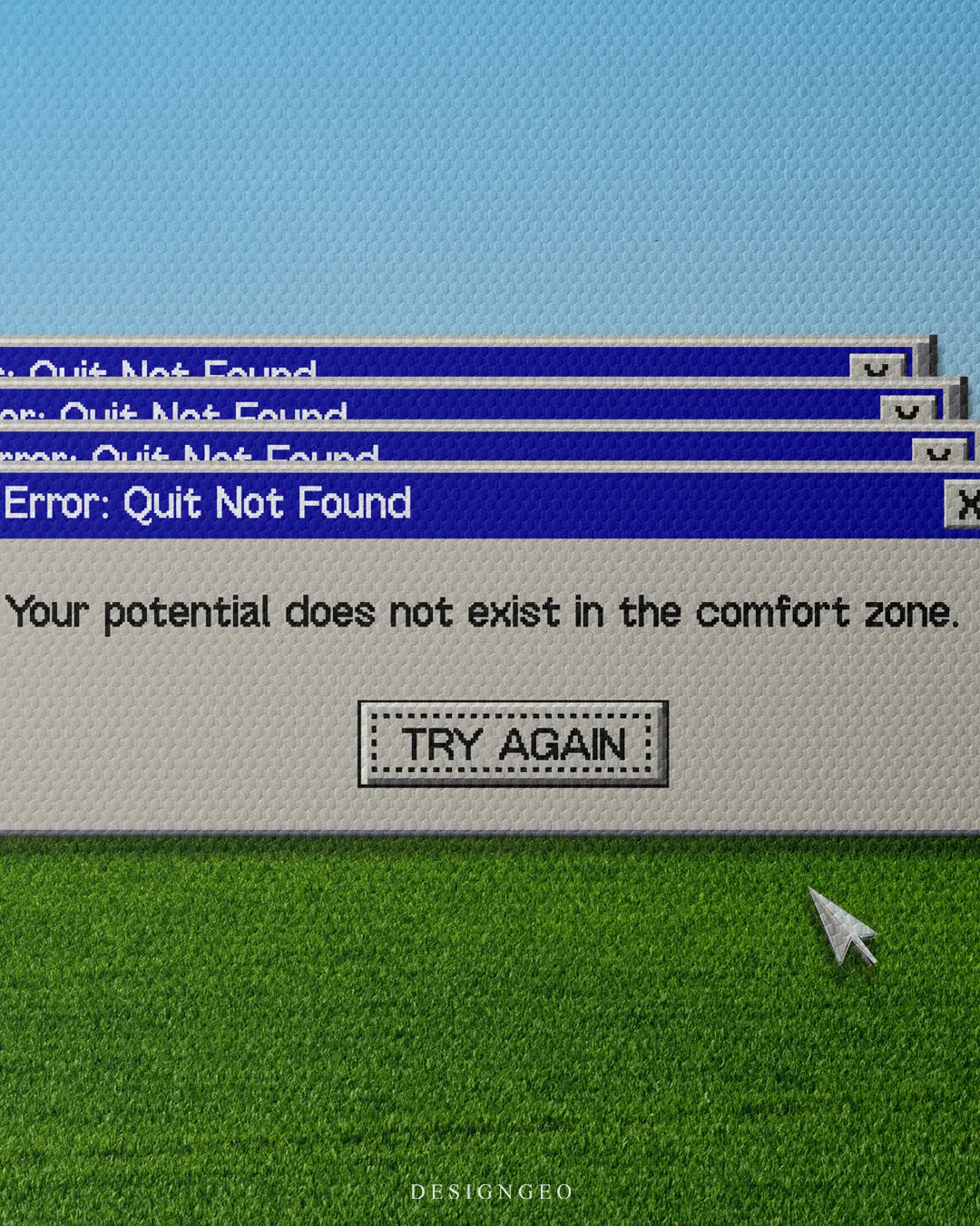 Medium shot close-up of retro Windows Error Quit Not Found dialogue box with quote Your potential does not exist in the comfort zone and Try Again button