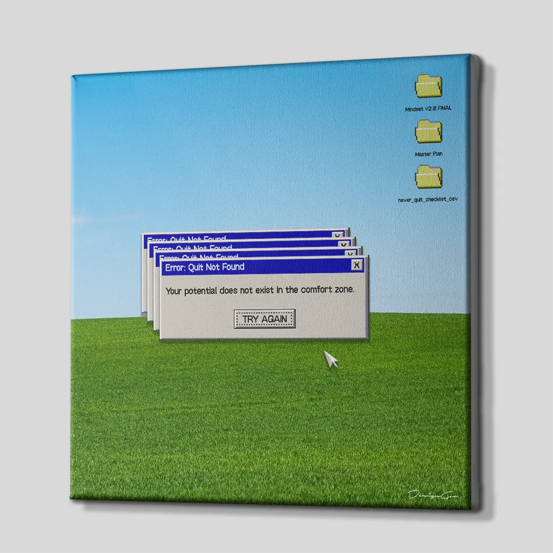 Three-quarter side angle of the retro computer error canvas wall art showing the 3D gallery-wrapped edges mounted on a sturdy wooden stretcher frame