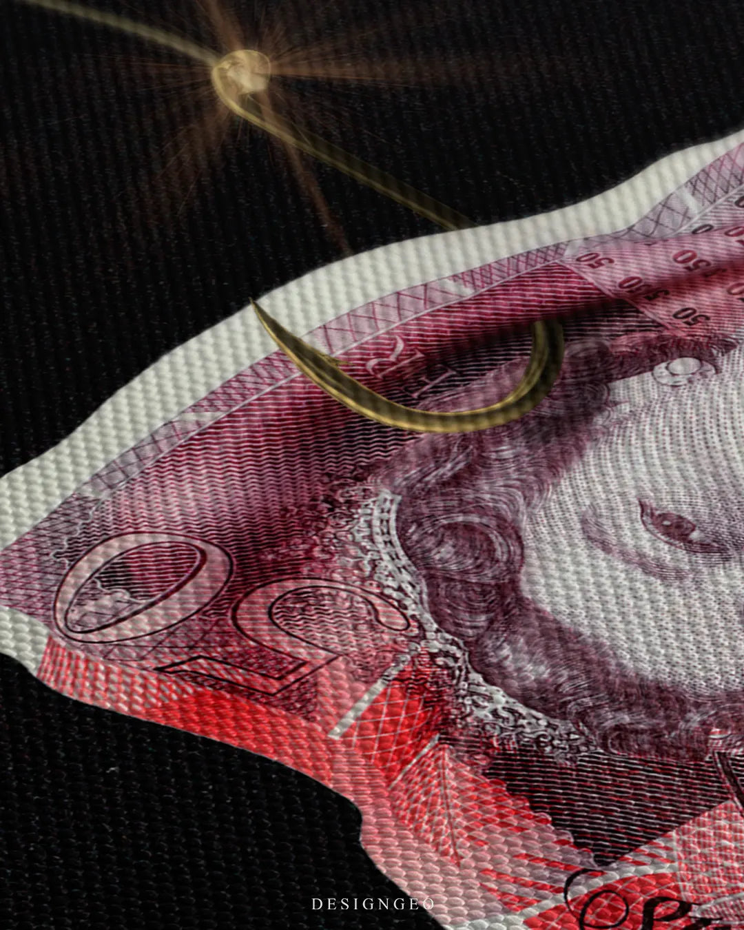 Close-up shot of a 50 British Pound banknote canvas print highlighting Queen Elizabeth II portrait hooked on a golden fishing line over a textured black background