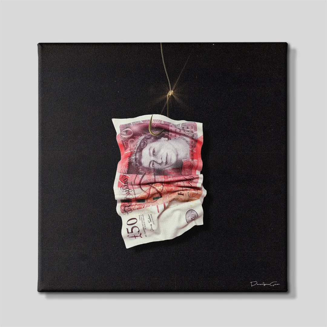 Front view of a square black canvas print featuring a crumpled 50 British Pound banknote hooked on a golden fishing line as bait centered on a neutral grey studio background