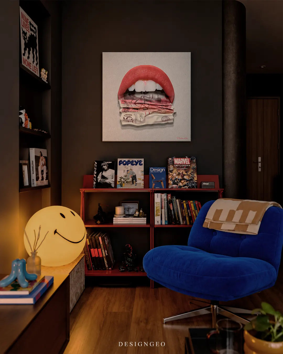 Pound Talks red lips biting British banknotes square canvas wall art mounted on dark wall in modern study above bookshelf 0.75 inch thin wrap