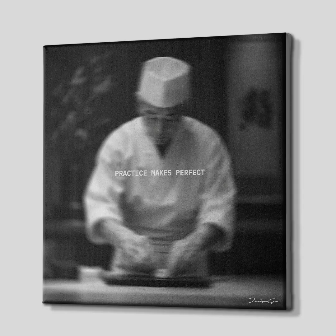 Practice Makes Perfect Japanese chef preparing sushi with motivational typography square canvas wall art side view showing gallery wrapped edges 0.75 inch thin wrap