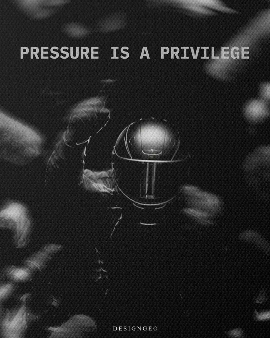 Close up texture view of Pressure Is A Privilege typography quote printed on dark woven canvas above helmeted racing driver square canvas wall art 0.75 inch thin wrap