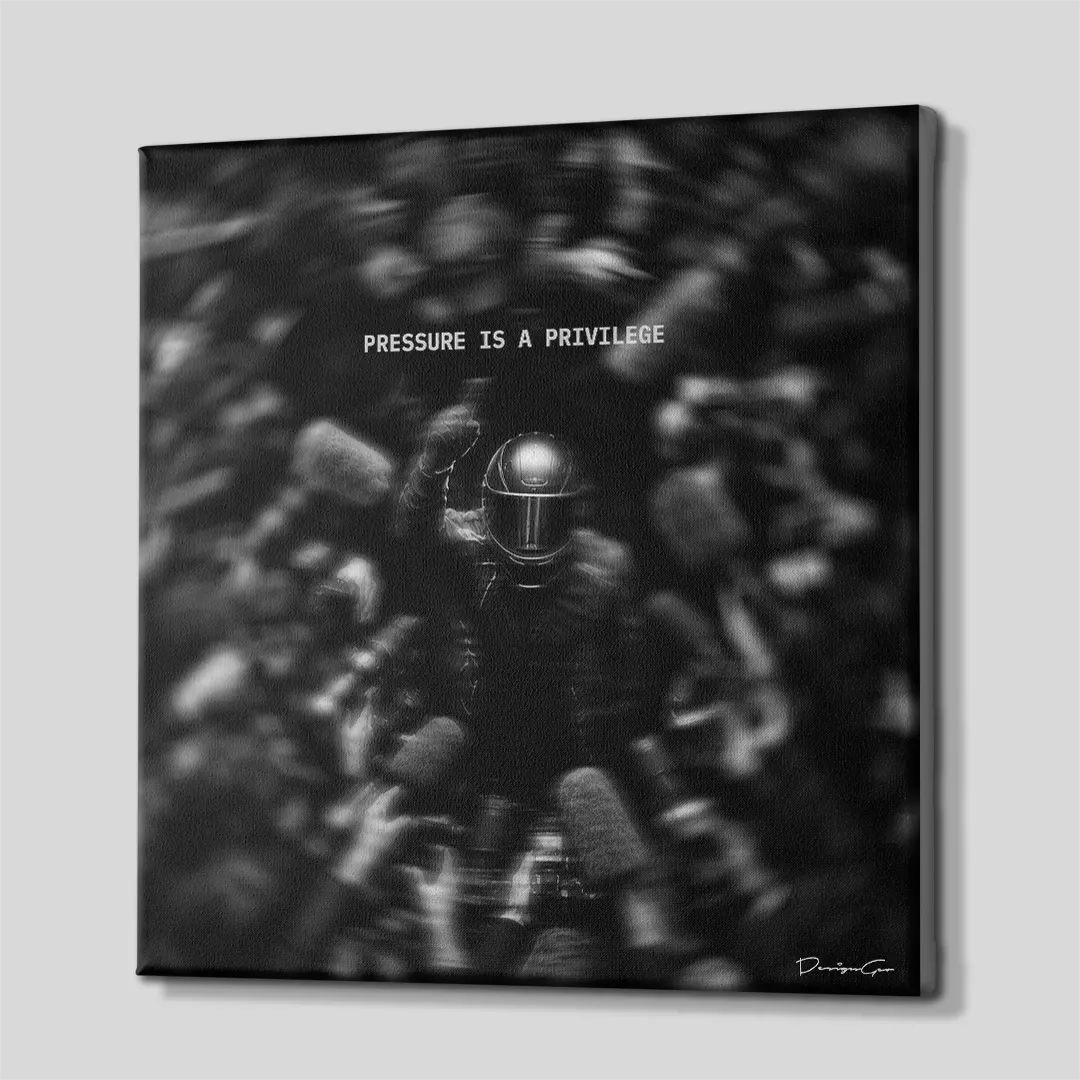 Side perspective view of black and white square canvas art showing motorsport media press conference design with black gallery wrapped edge 0.75 inch thin wrap