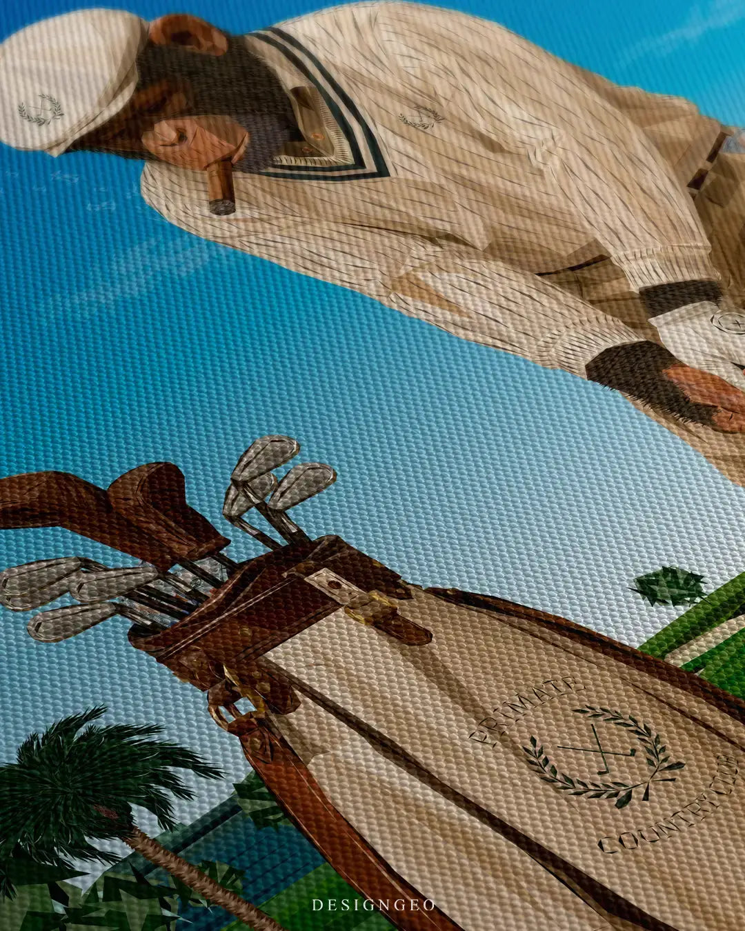 Close-up of modern golf wall art showing a chimpanzee in vintage golf attire smoking a cigar, featuring detailed canvas textures and vibrant sky blue background