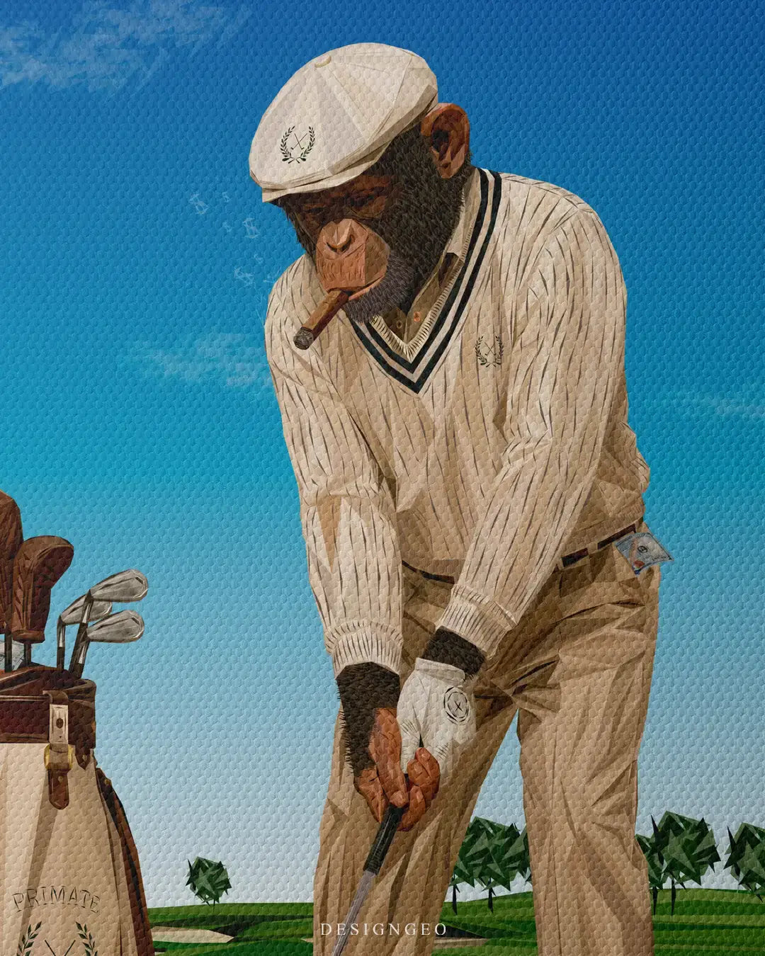 Detailed illustration of a monkey golfer wearing a classic white flat cap and sweater vest, posing with a golf club against a bright tropical sky