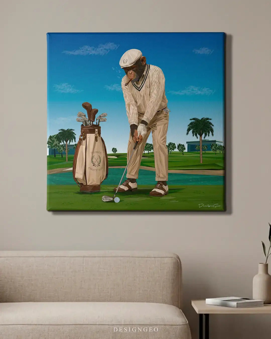 Front view of the monkey playing golf square canvas print, showcasing a surrealist landscape with palm trees, a luxury golf bag, and a clear blue sky