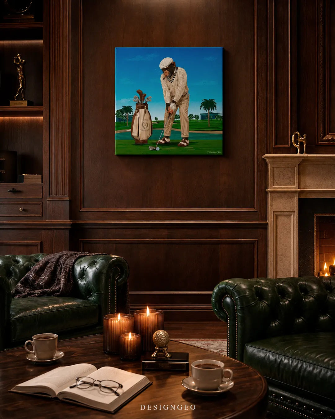 Square golfing monkey canvas wall art mounted on dark wood paneling in a luxury private lounge above green leather Chesterfield sofas and a fireplace