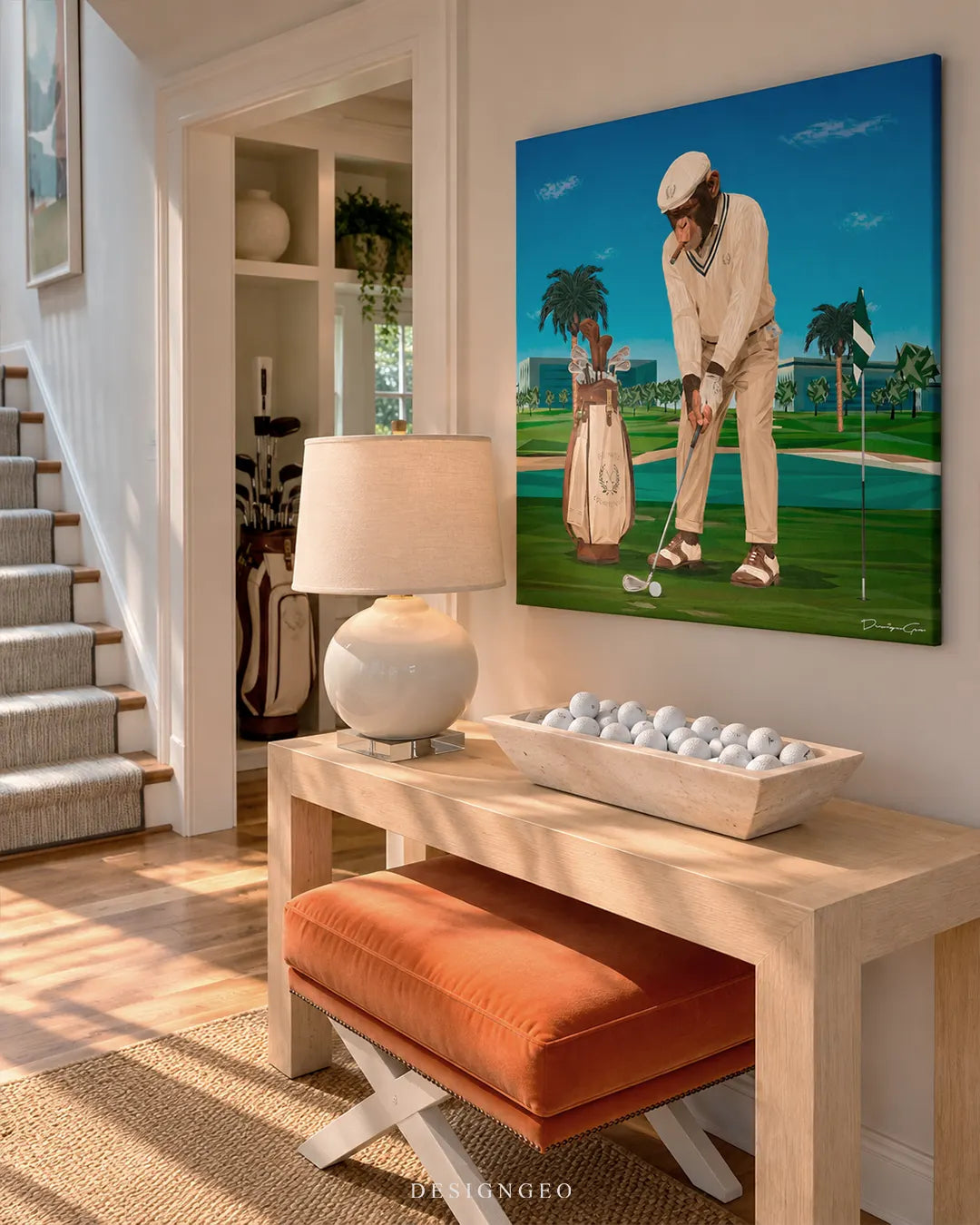 Primate Golf Club chimpanzee golfer in vintage attire square canvas wall art mounted on wall in luxury hallway above console table 0.75 inch thin wrap
