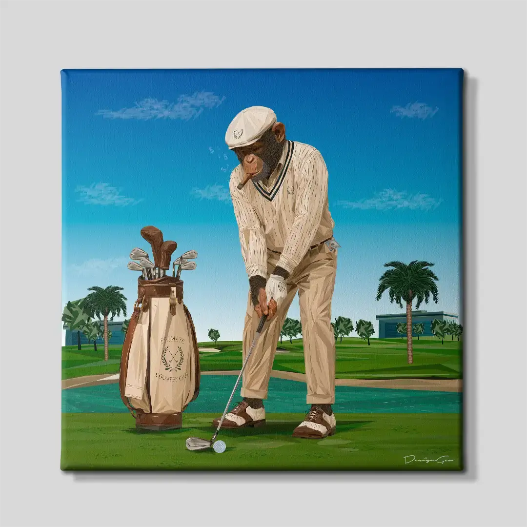 Modern office interior featuring the "Primate Country Club" canvas art on a dark textured wall, perfect for professional golf enthusiasts and sophisticated bedroom decor