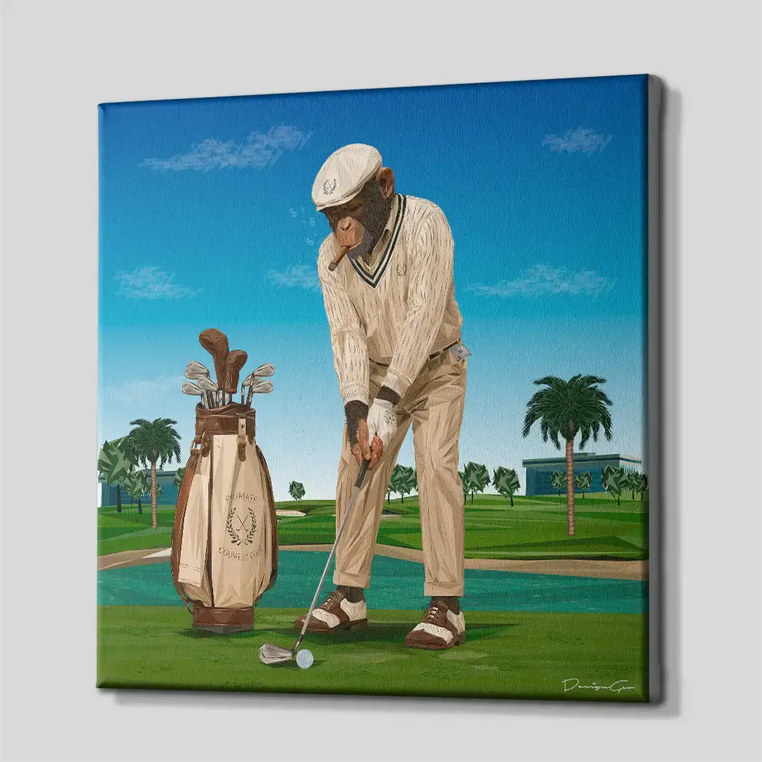 Side angle of the monkey golfer motivation canvas, highlighting the premium gallery wrap finish and professional wooden frame depth for high-end wall decoration