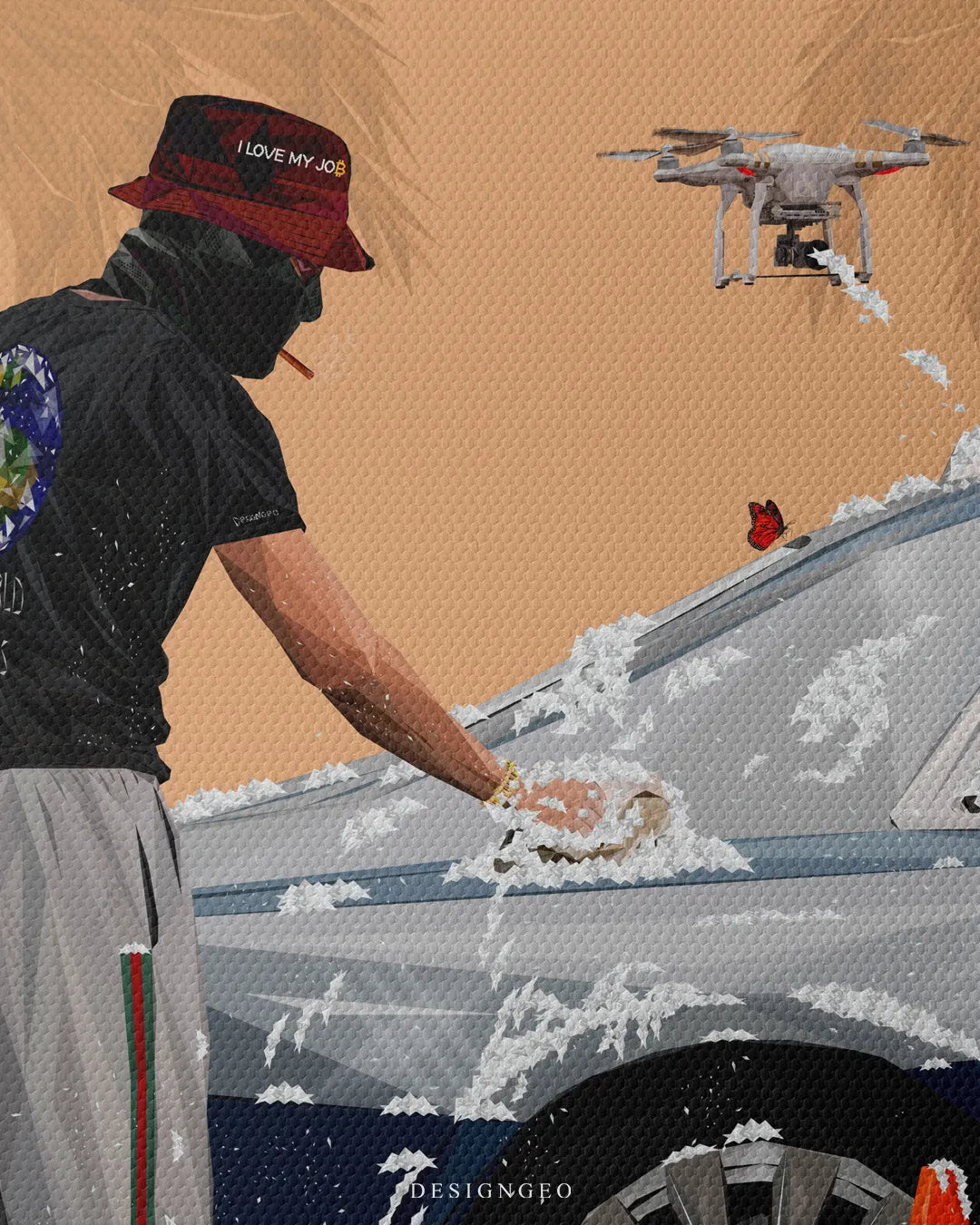 Close-up macro detail shot showing the canvas texture, man wearing a face mask and bucket hat with text reading I Love My Job, washing the car next to a flying drone