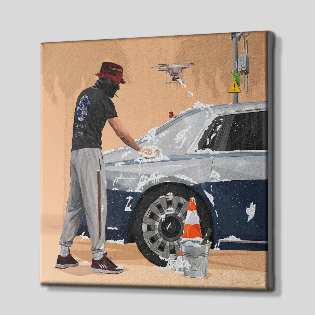 Three-quarter side angle of the Pristine Fleet car wash canvas print showing gallery-wrapped beige edges mounted on a wooden frame