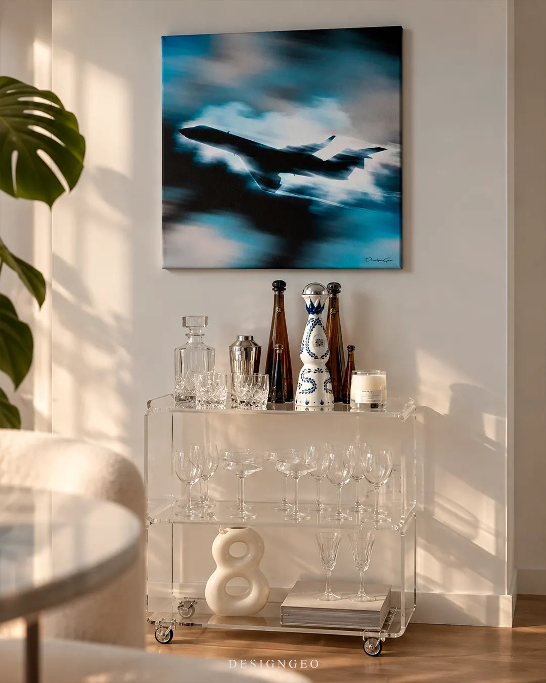 Private Skies airplane in motion blur over blue clouds pop art square canvas wall art mounted on wall in luxury home bar above acrylic cart 0.75 inch thin wrap