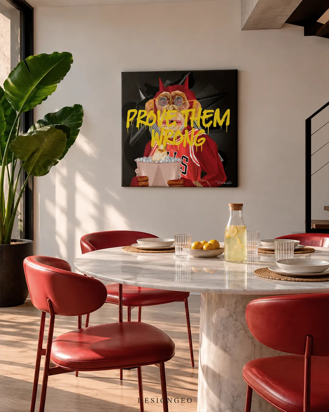 Prove Them Wrong red sports jersey chimp yellow typography square canvas wall art mounted on wall in modern dining room above marble table 0.75 inch thin wrap