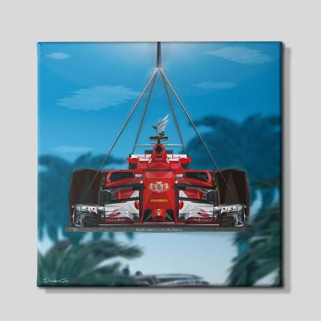Front view of premium square canvas wall art featuring a red racing car suspended by cables against a blue sky with Monaco palm trees, ideal for modern bedroom decor