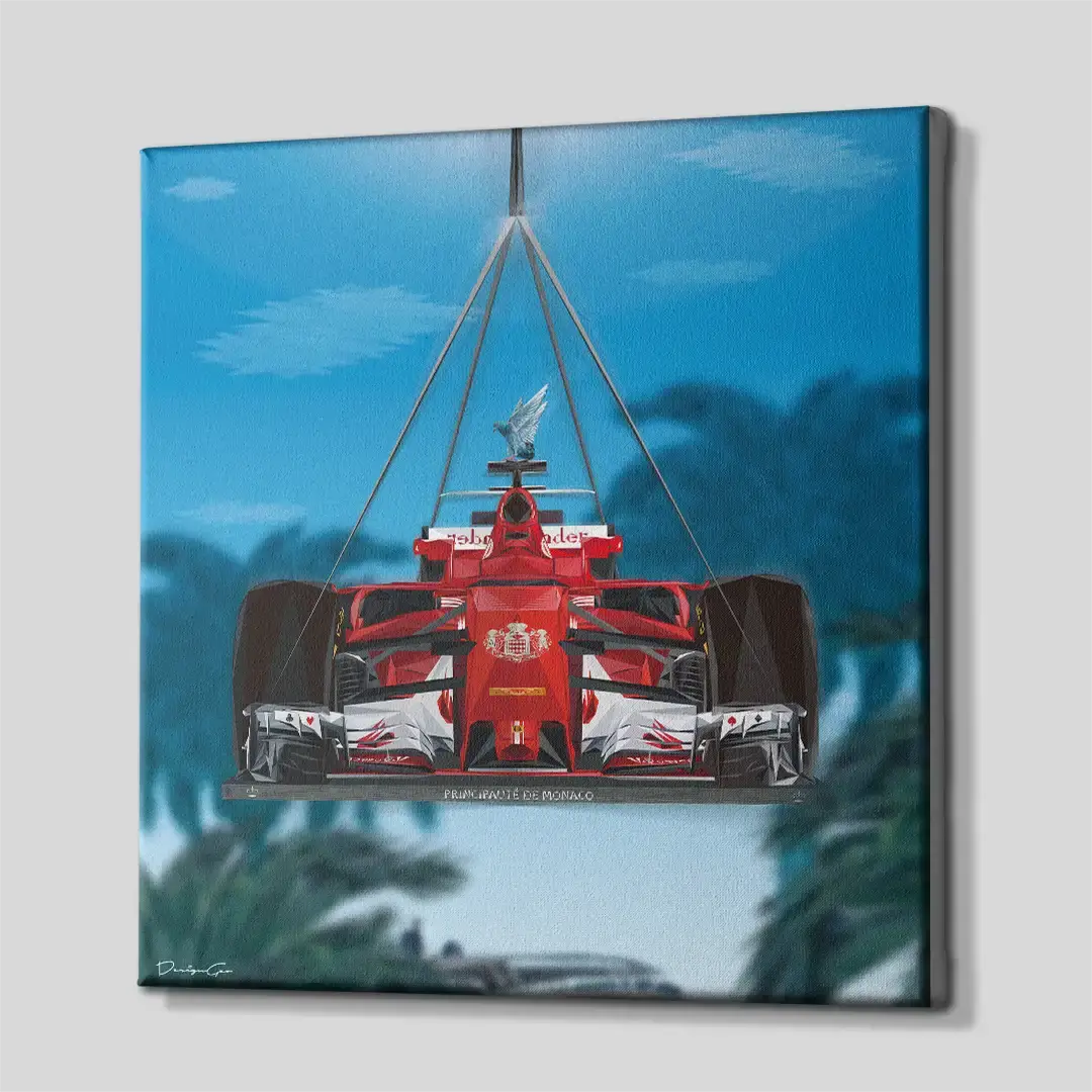 Side perspective of the modern Monaco racing car canvas print, showcasing the high-quality gallery wrap edge finish and 3D wooden frame profile for upscale luxury interiors