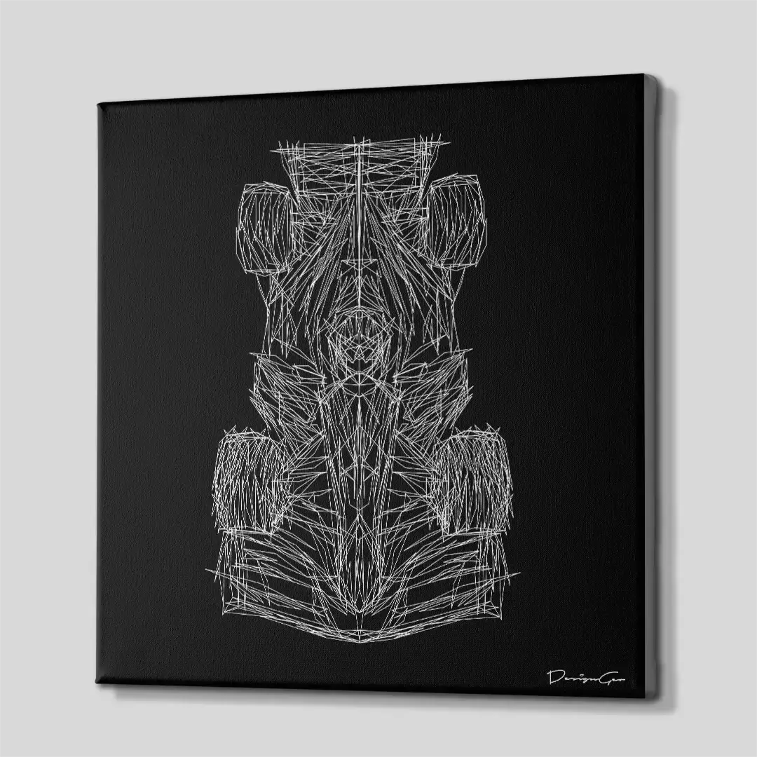 Side angle of the monochromatic minimalist racing car sports canvas print, highlighting the high-quality gallery wrap finish and professional 3D frame depth for luxury styling
