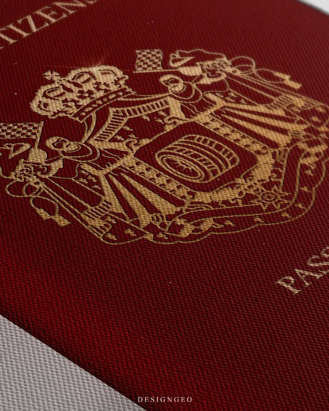 Close-up of modern automotive wall art featuring a "Racing Citizenship" passport design with high-speed symbols on a minimalist white background