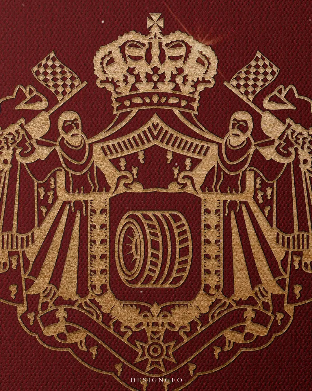 Detailed view of the "Racing Citizenship" art, showcasing the clean typography and iconic racing-themed passport stamps on a contemporary canvas