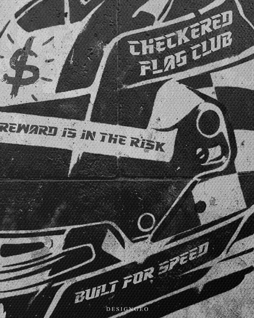 Macro view of the stencil racing helmet canvas, showing detailed black spray paint texture and typography phrases "Checkered Flag Club" and "Built for Speed"