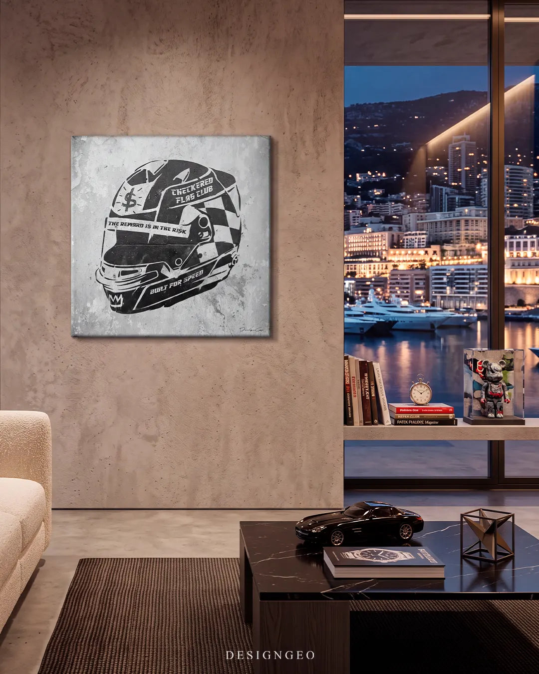 Modern luxury living room featuring the square racing helmet stencil canvas art mounted on a concrete wall next to floor-to-ceiling windows overlooking a harbor at night