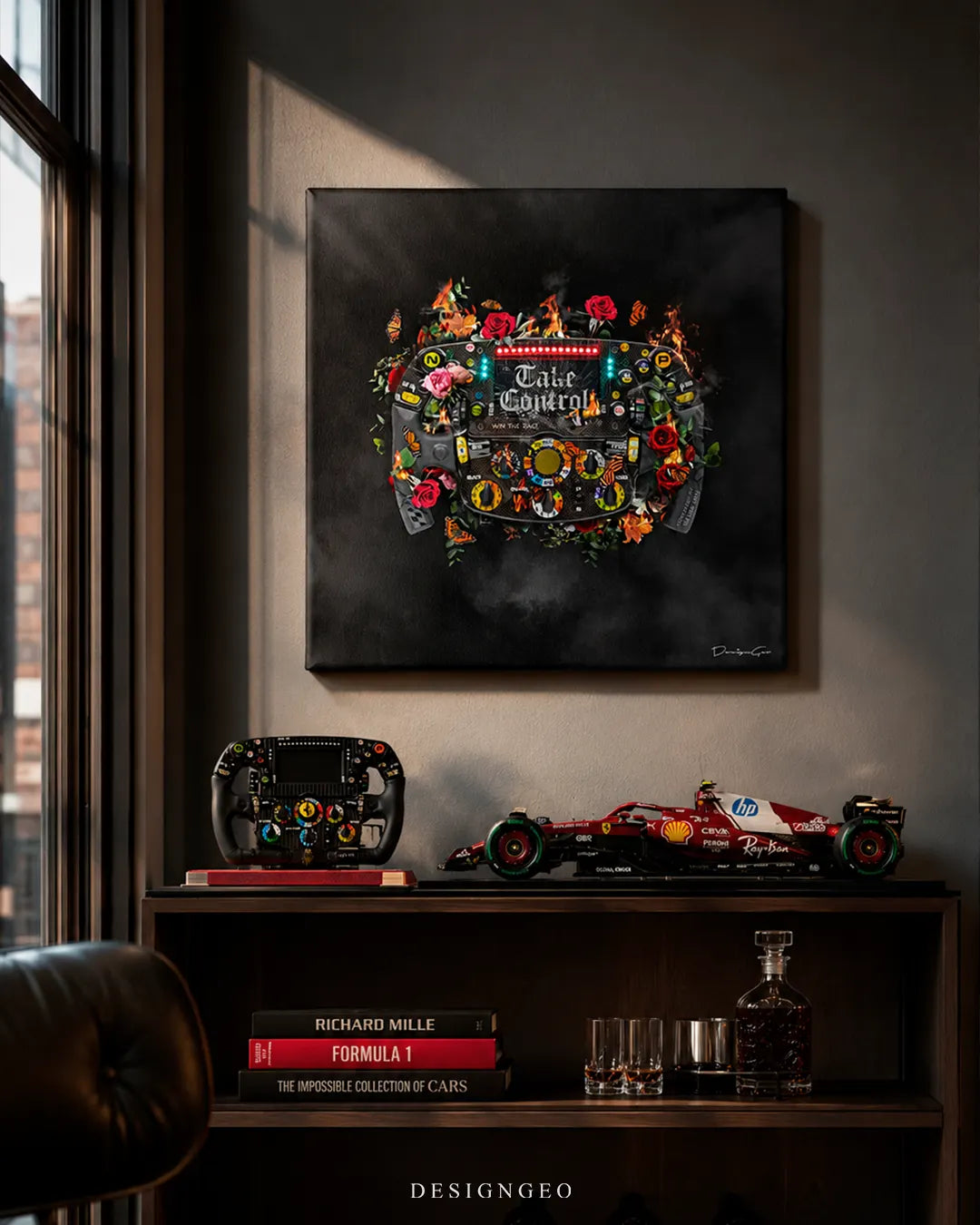 Square F1 racing steering wheel canvas print mounted on a dark grey wall above a display shelf with a Ferrari F1 scale model car, replica steering wheel, and Formula 1 books