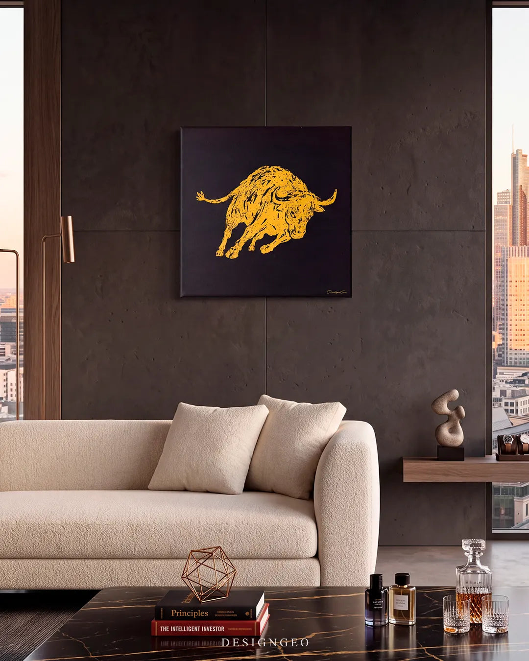 Modern luxury living room featuring the square yellow bull canvas print hanging on a dark textured wall above a cream sofa and coffee table with finance books