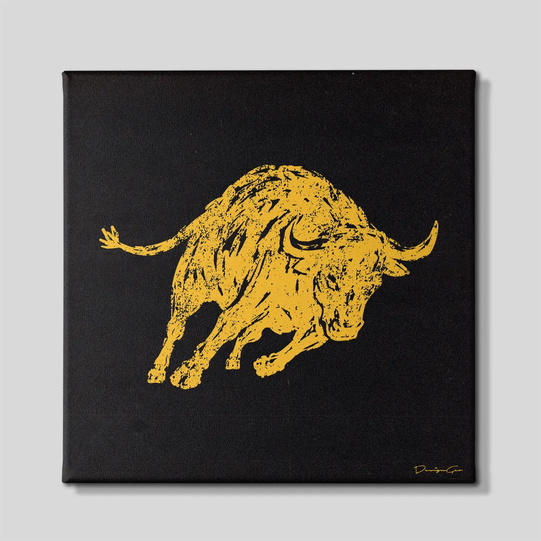Front view of a square canvas print displaying a charging yellow bull with a textured distressed finish centered against a solid black background