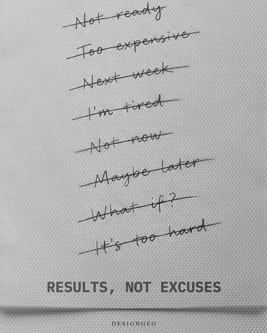 Close up macro texture of square canvas print showing handwritten crossed out excuses list above Results bold typography 0.75 inch thin wrap