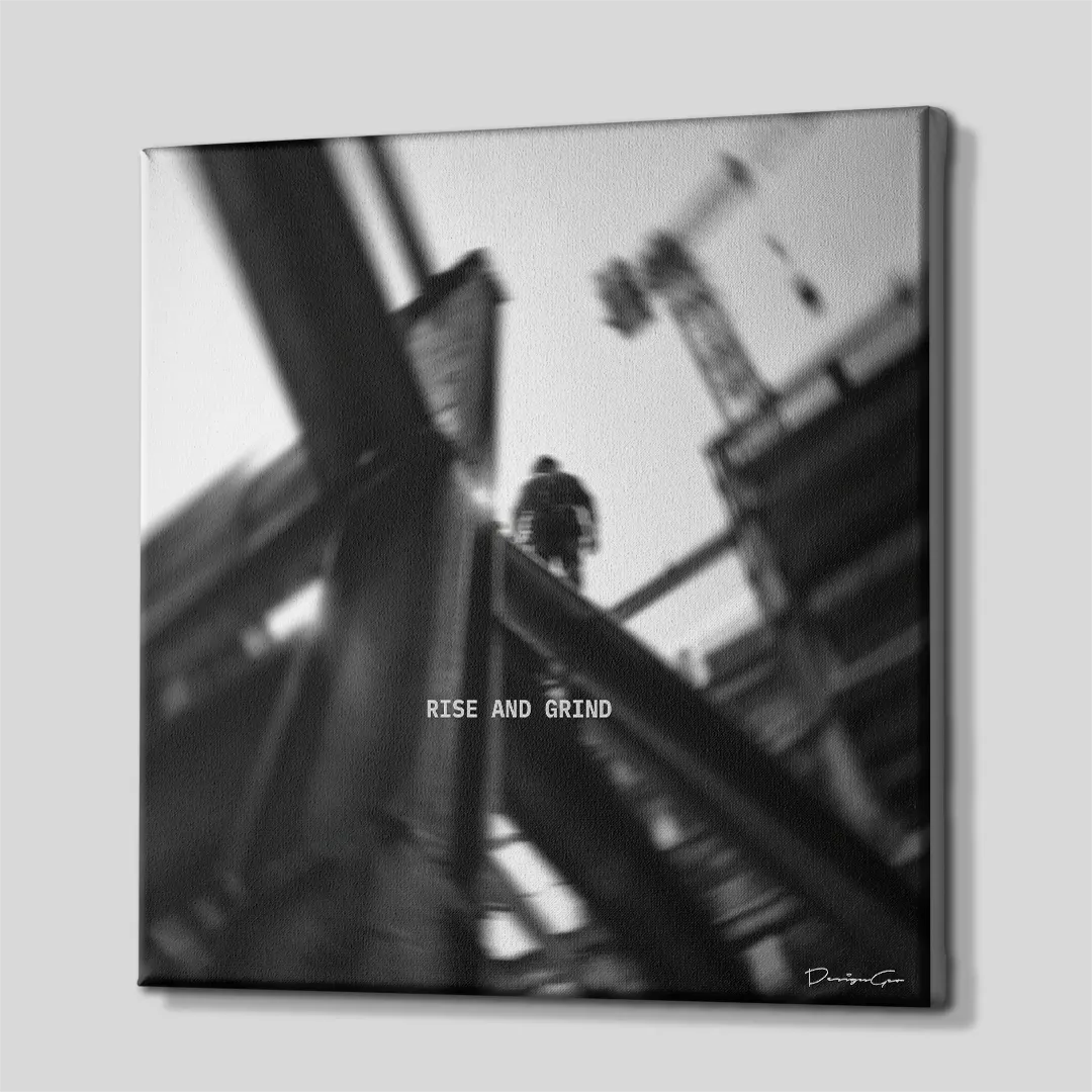 Side perspective view of black and white square canvas art showing industrial steel construction design with black gallery wrapped edge 0.75 inch thin wrap