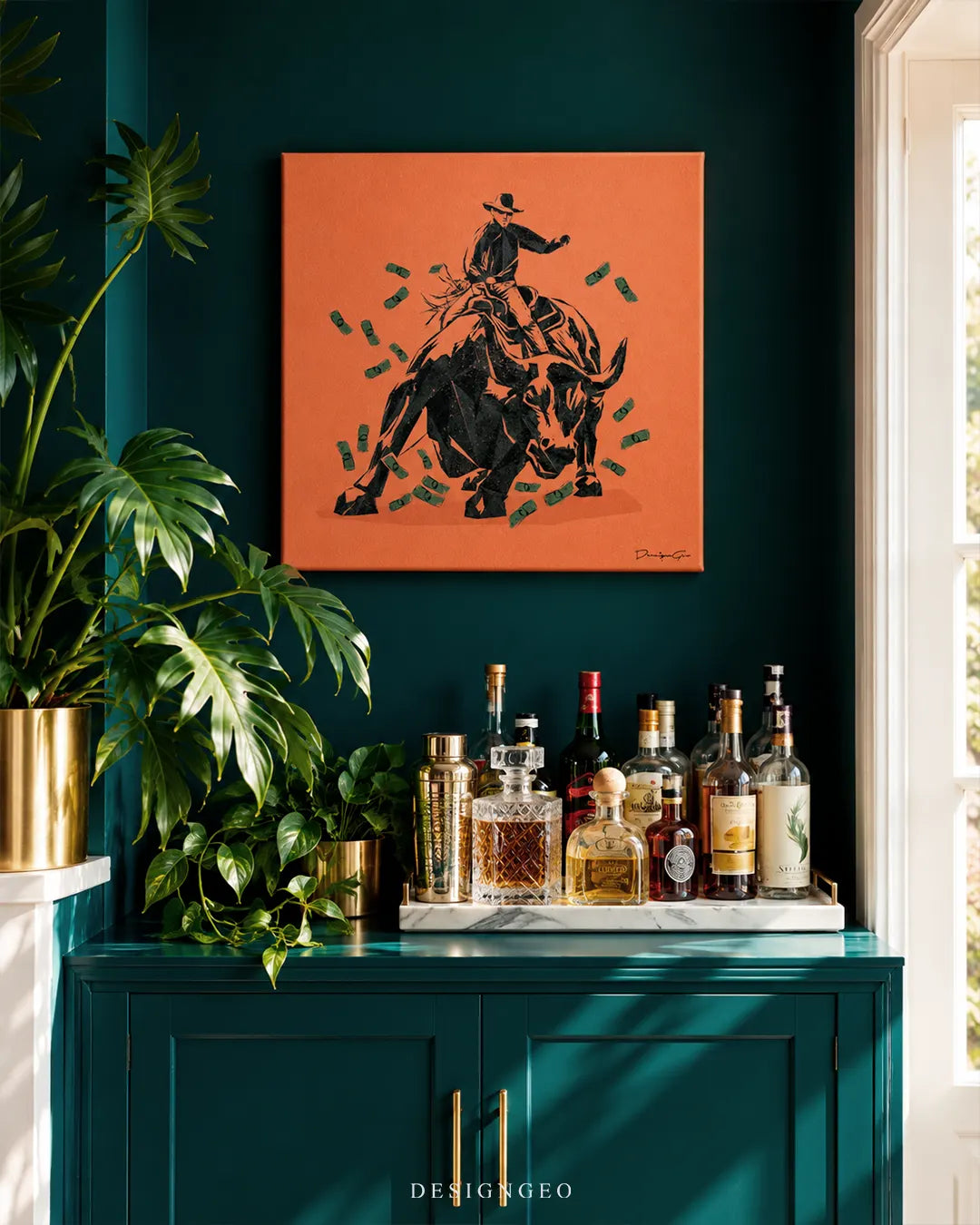 Black cowboy riding raging bull with flying dollar bills orange square canvas wall art displayed on a dark green accent wall above a teal home bar cabinet 0.75 inch thin wrap