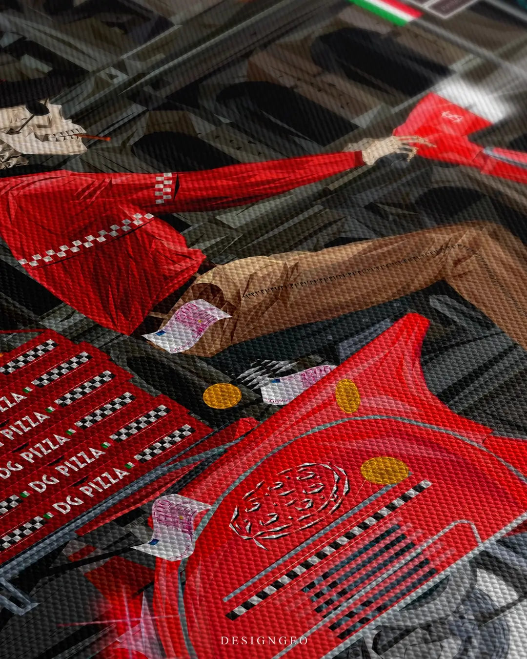 Close-up of surreal wall art featuring a skeleton pizza delivery courier wearing a vintage helmet and red scarf, riding through the historic streets of Rome